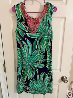 Lilly Pulitzer Navy Shift Dress with Green and Pink Tropical Print